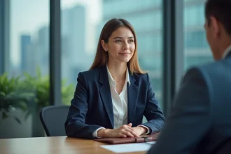 Candidate en entretien d'embauche chez BCG dans un bureau moderne avec vue sur la ville, exprimant confiance et préparation