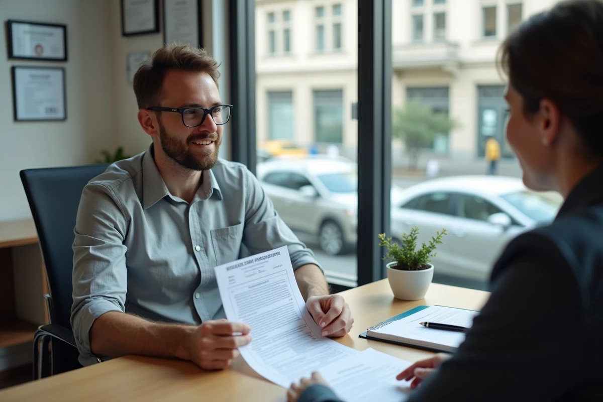 Personne en entretien avec un conseiller en orientation professionnelle tenant un CV annoté