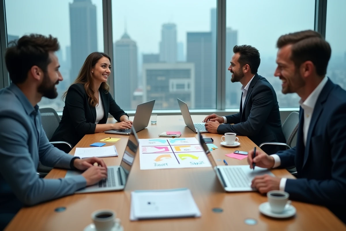 Équipe de professionnels réalisant une analyse SWOT autour d'une table de réunion avec des notes colorées