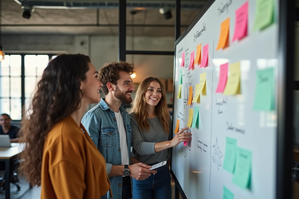Équipe de jeunes professionnels collaborant sur la structure d'une présentation devant un tableau blanc dans un espace de coworking