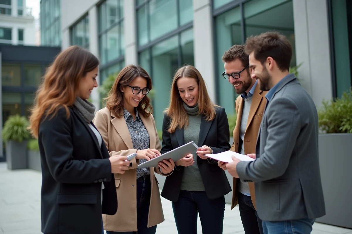 Une équipe de dirigeants collaborant à l'extérieur devant un immeuble de bureaux moderne en milieu urbain