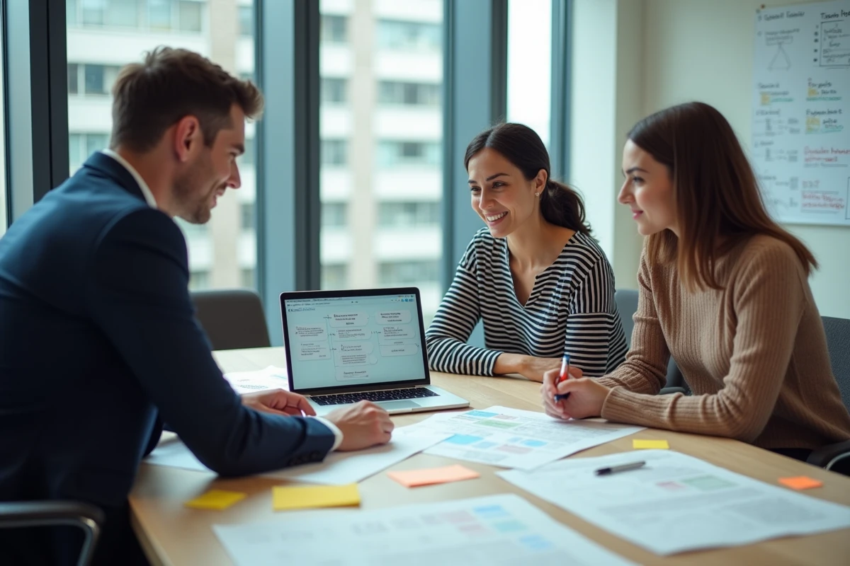 Équipe de professionnels discutant des procédures de test autour d'une table de réunion