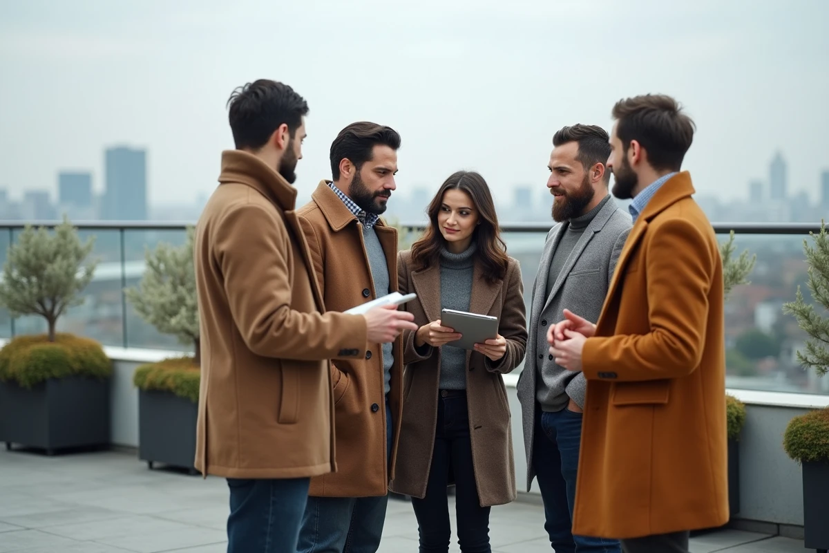 Équipe de professionnels en discussion stratégique sur une terrasse urbaine sous la direction d'une femme tenant une tablette