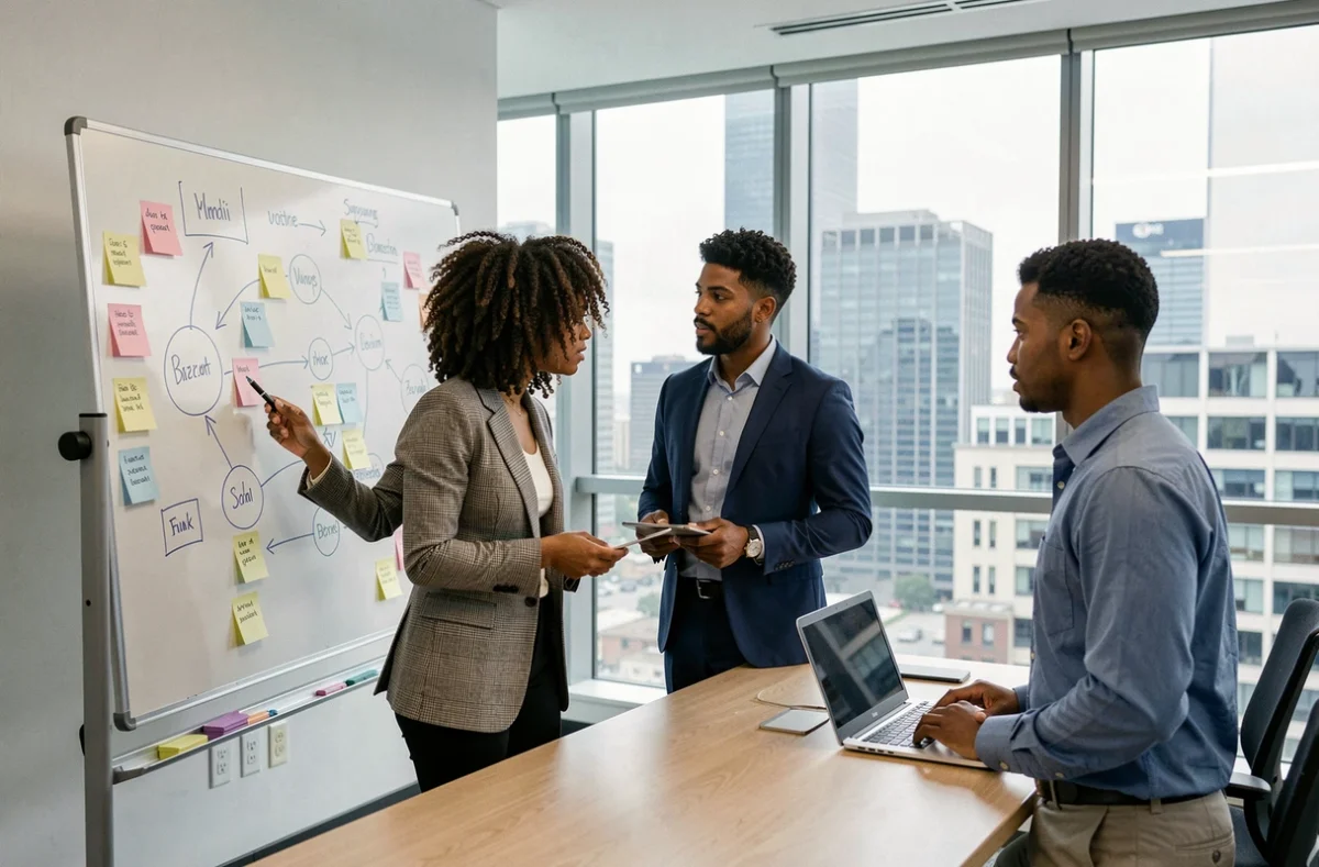 Équipe de jeunes professionnels en réunion de travail autour d'un tableau blanc, représentation des métiers collaboratifs et porteurs en 2026
