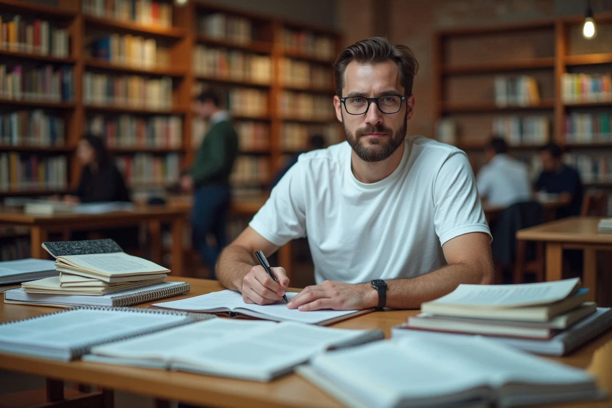 Homme étudiant avec des livres gratuits dans une bibliothèque publique pour se former sans budget