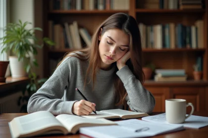 Jeune femme étudiant la conjugaison du passé simple dans un cahier de grammaire française, assise à un bureau en bois
