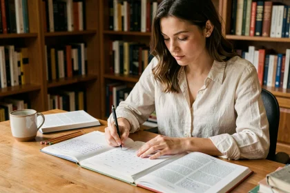 Jeune femme étudiant la conjugaison du passé simple du verbe tener dans un livre de grammaire espagnole