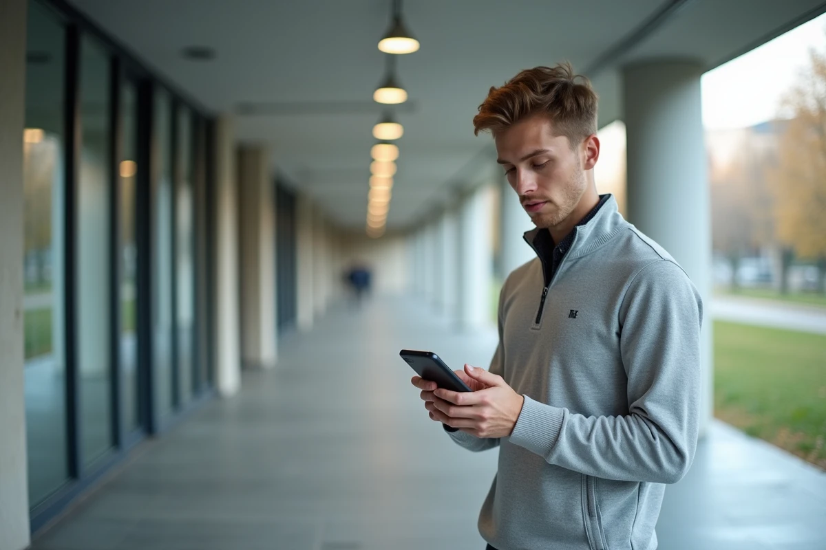 Étudiant masculin consultant l'ENT Centrale Marseille sur smartphone dans un couloir du campus