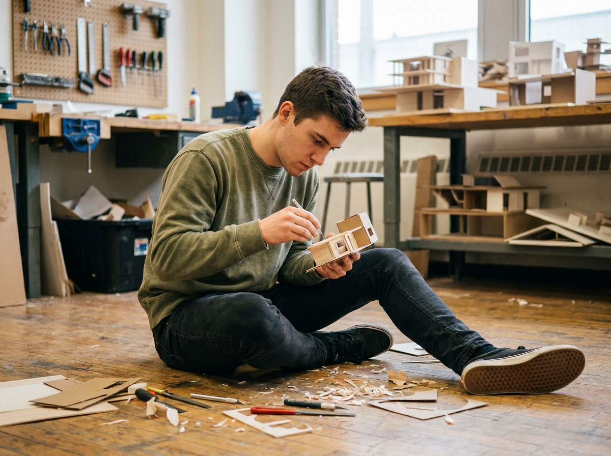 Étudiant en école artistique concentré sur la réalisation d'une maquette architecturale dans un atelier de fabrication