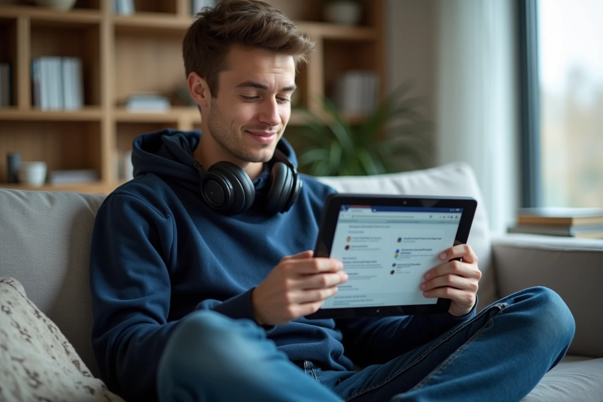 Étudiant utilisant Moodle sur une tablette depuis son domicile pour suivre ses cours en ligne