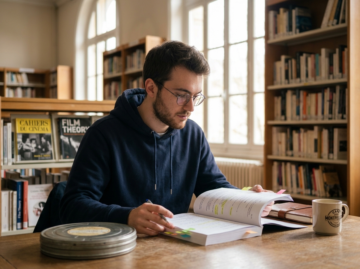 Étudiant en école de cinéma lisant un scénario annoté dans une bibliothèque universitaire à Montpellier