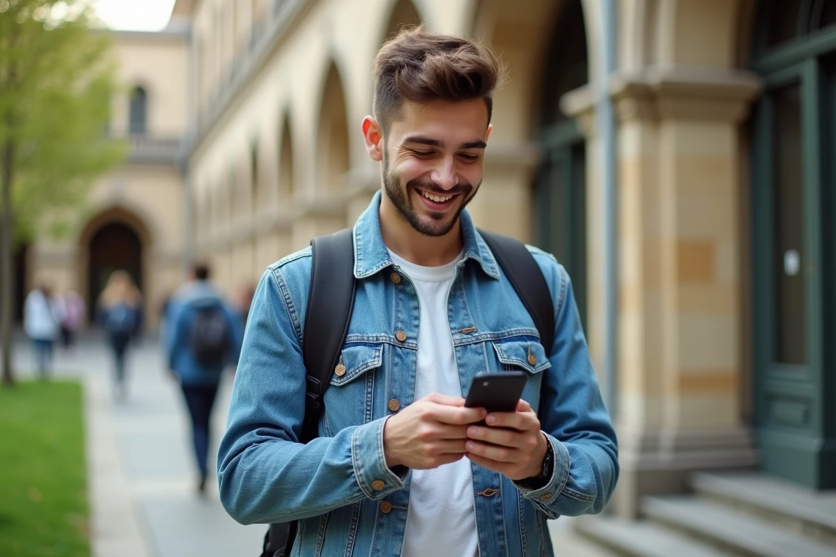 Étudiant utilisant Student Beans sur smartphone Android en extérieur sur un campus universitaire