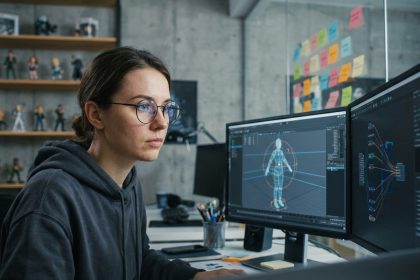 Étudiante en animation 3D travaillant sur un logiciel de rigging de personnages dans un studio créatif moderne