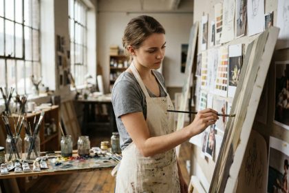 Étudiante en école d'art travaillant intensément sur une grande toile dans un atelier de pratique artistique