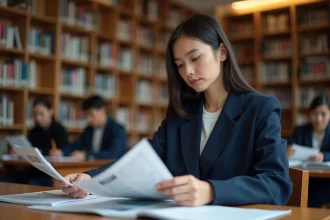Étudiante comparant les documents d'un Bachelor et d'une licence dans une bibliothèque universitaire moderne
