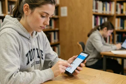 Étudiante configurant la boîte mail académique de Clermont-Ferrand sur son smartphone Android dans une bibliothèque universitaire