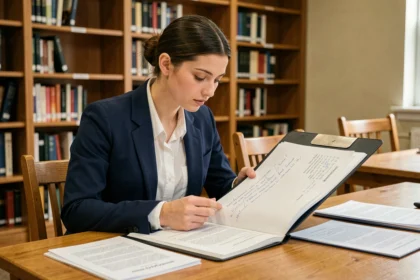 Jeune étudiante préparant son dossier d'admission pour entrer à l'ENSAMAA dans une bibliothèque universitaire