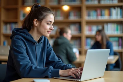 Étudiante connectée à l'ENT de Centrale Marseille sur un ordinateur portable dans une bibliothèque universitaire