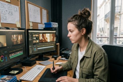 Étudiante en école de cinéma à Montpellier travaillant sur un logiciel de montage vidéo professionnel