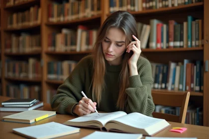 Étudiante consultant un manuel de psychologie cognitive dans une bibliothèque universitaire, illustrant les outils cognitifs selon Vygotsky