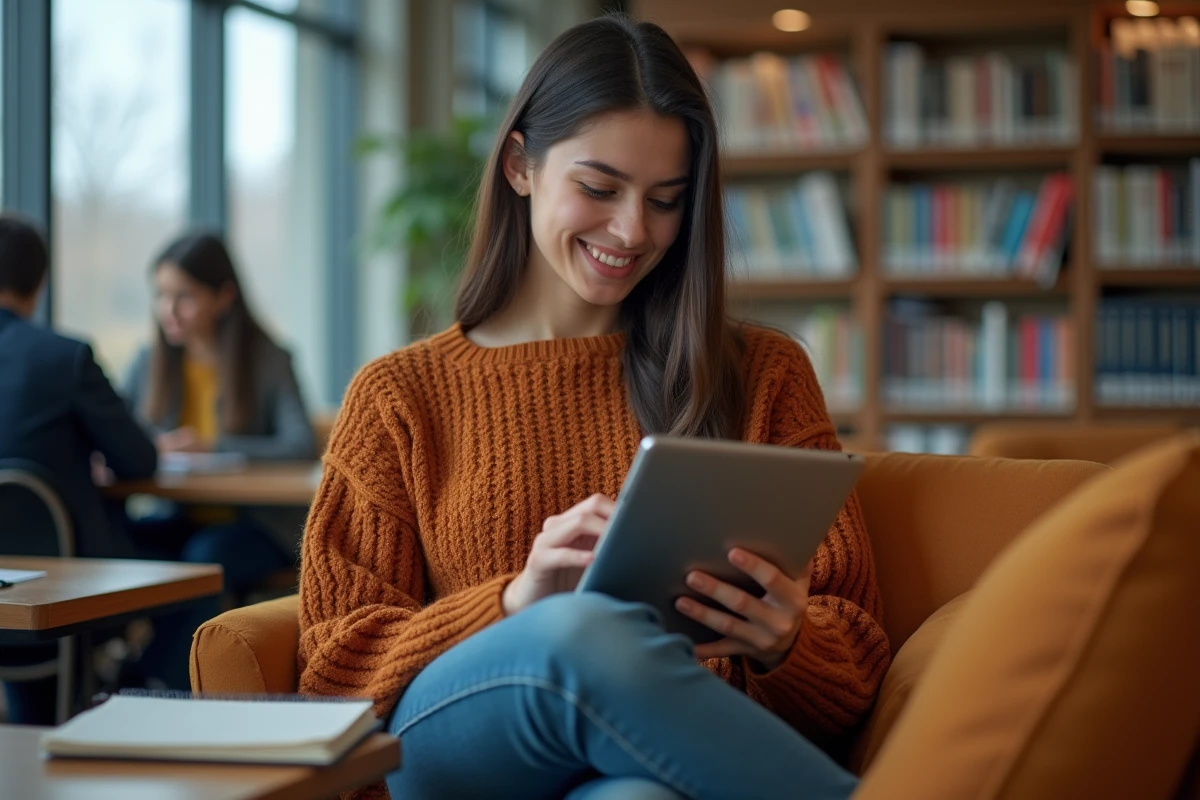 Étudiante configurant les paramètres de messagerie Moodle sur une tablette dans une bibliothèque universitaire