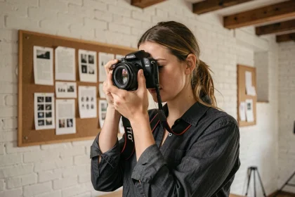 Étudiante en photographie dans un studio de l'école de photographie de Toulouse tenant un appareil photo mirrorless