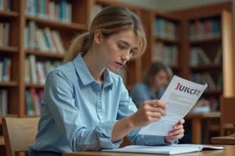 Étudiante consultant un dossier RNCP et un livret de licence universitaire dans une bibliothèque académique