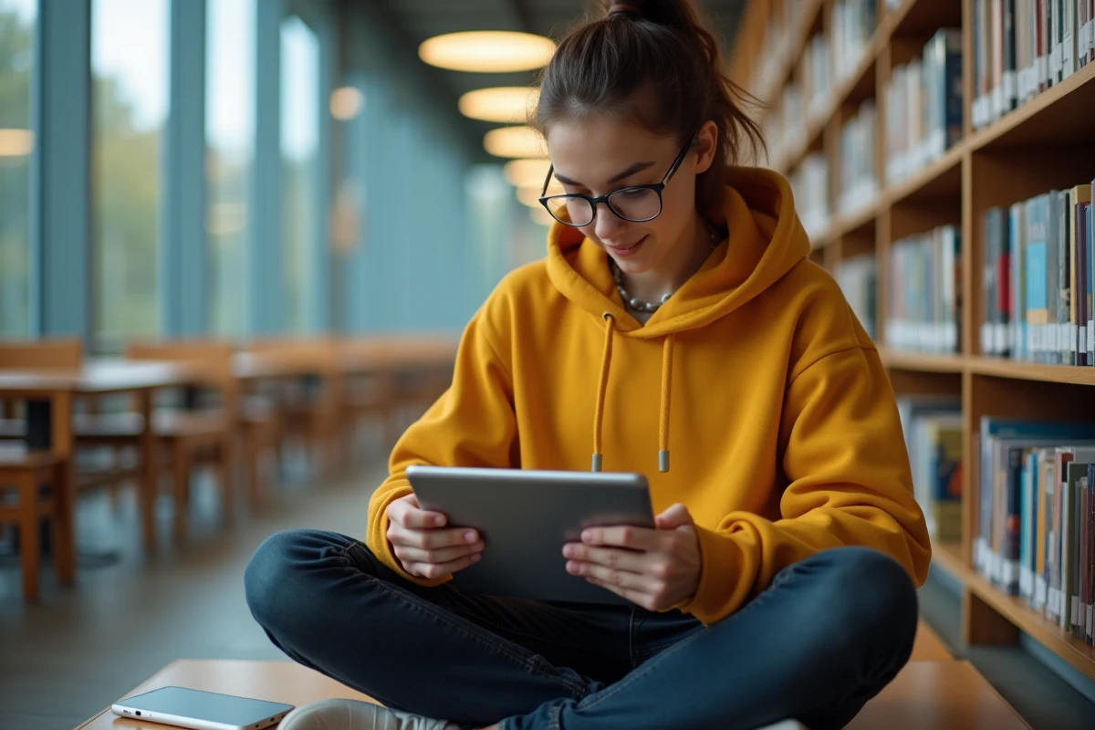 Étudiante vérifiant les alertes de sécurité de sa messagerie académique Bordeaux sur une tablette dans une bibliothèque universitaire