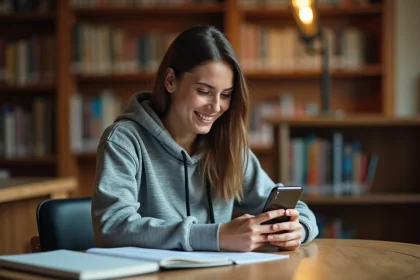 Étudiante utilisant l'application Student Beans sur iPhone dans une bibliothèque universitaire