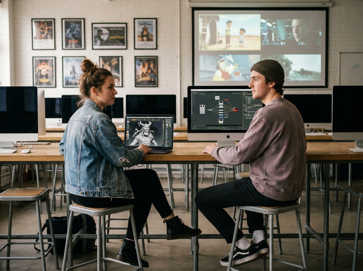 Deux étudiants comparant des logiciels d'animation 3D et d'effets spéciaux dans une salle de cours universitaire spécialisée