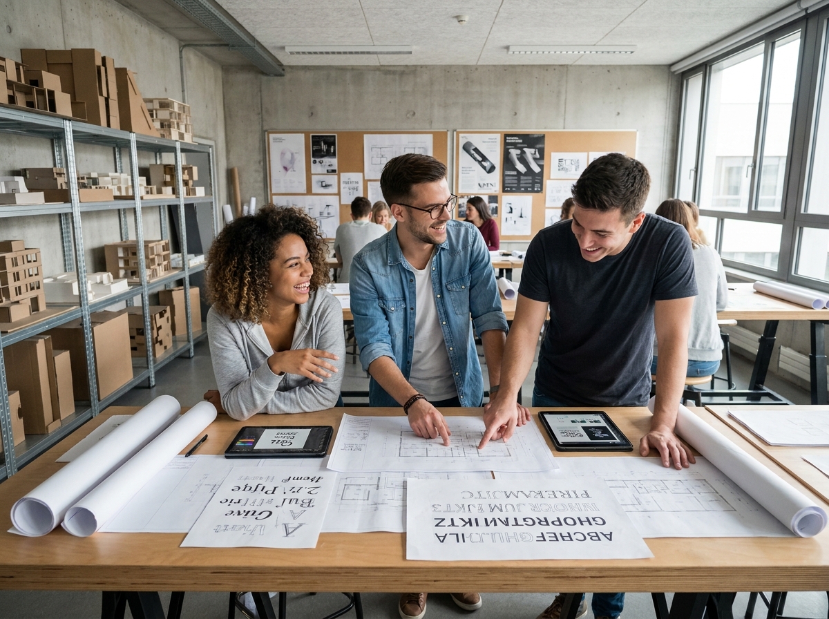 Groupe d'étudiants en école de design collaborant sur des projets créatifs dans un atelier ouvert
