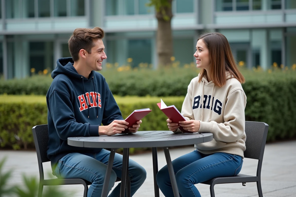 Deux étudiants discutant des différences entre le Bachelor et la licence sur un campus universitaire en plein air