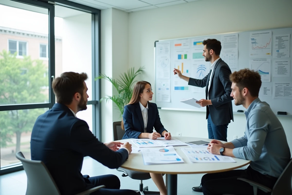 Groupe d'étudiants en école de commerce analysant des données entrepreneuriales dans une salle de séminaire moderne