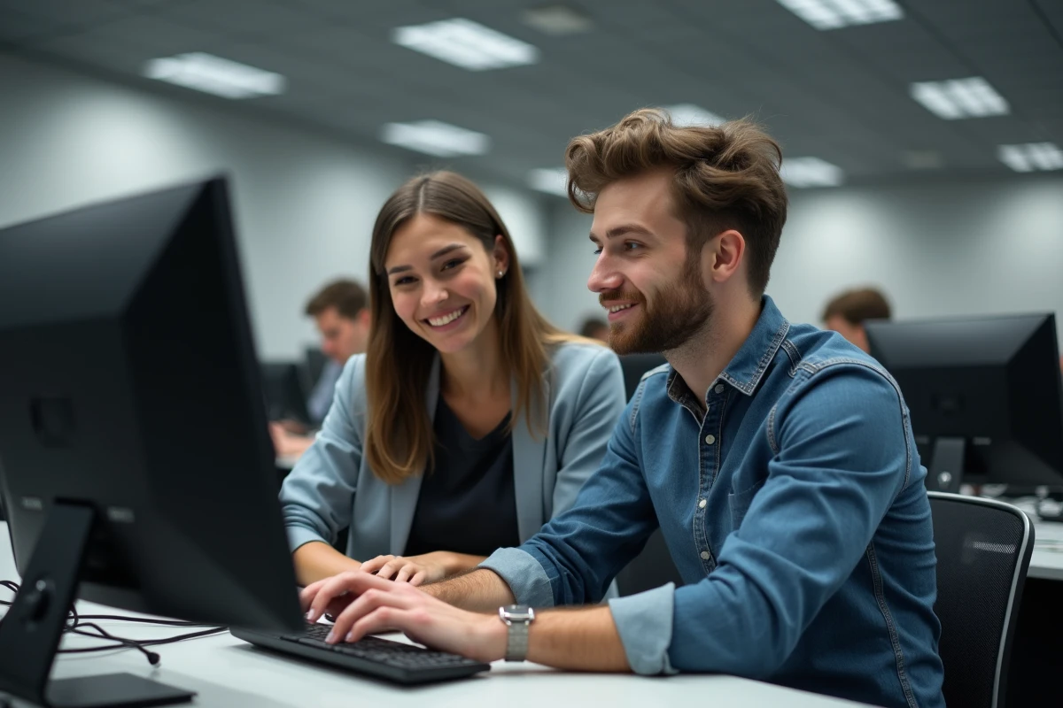Deux étudiants collaborant sur l'ENT Centrale Marseille dans une salle informatique universitaire