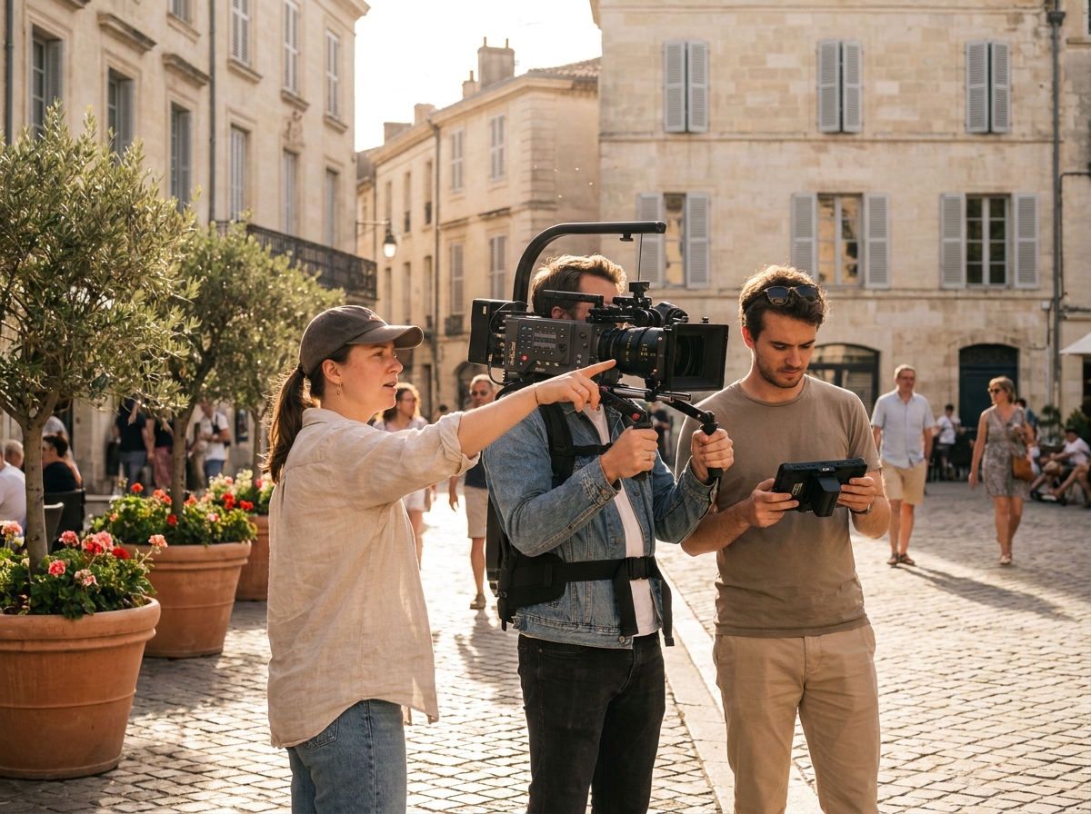 Groupe d'étudiants en cinéma filmant en extérieur dans les rues de Montpellier avec une caméra professionnelle