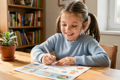 Petite fille de CE1 souriante en train de faire un exercice imprimé motivant à son bureau à la maison