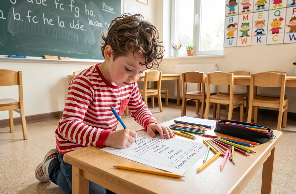 Garçon de CP-CE1 concentré sur une fiche d'exercice imprimée colorée dans une salle de classe