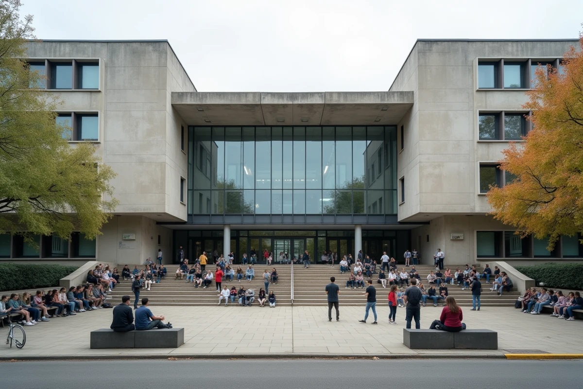 Façade extérieure d'un grand lycée français avec des élèves dans la cour pendant la récréation