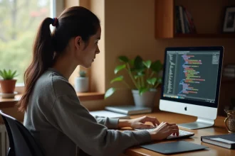 Femme en train d'apprendre la programmation sur un ordinateur portable dans un bureau à domicile moderne