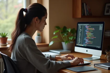 Femme en train d'apprendre la programmation sur un ordinateur portable dans un bureau à domicile moderne
