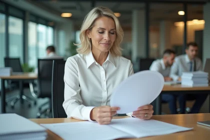 Femme en bureau lisant un document circulaire administratif, illustration du sens et de l'usage d'une circulaire officielle