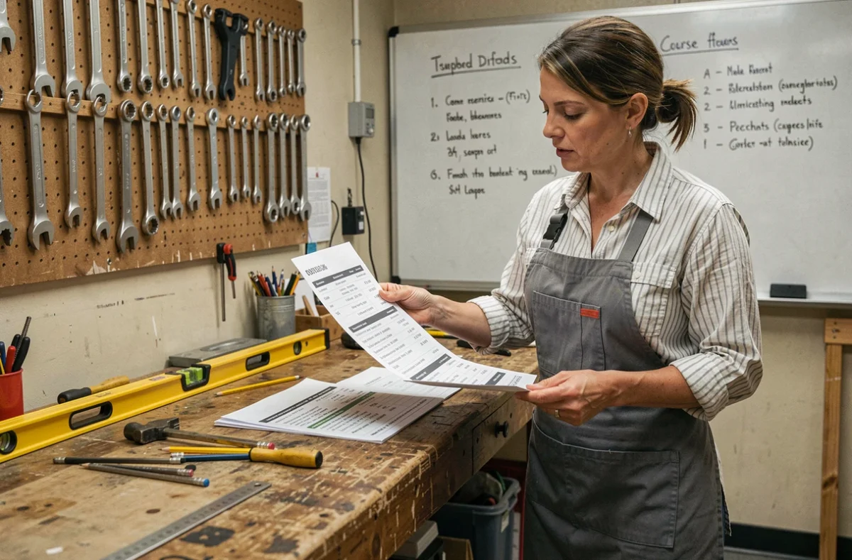 Femme comparant les prix de certifications de formation bricolage dans un atelier équipé
