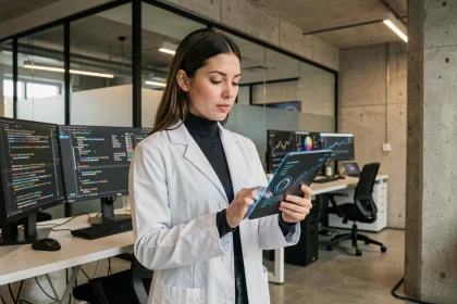 Femme data scientist travaillant sur des visualisations de données dans un bureau technologique moderne, métiers d'avenir 2026