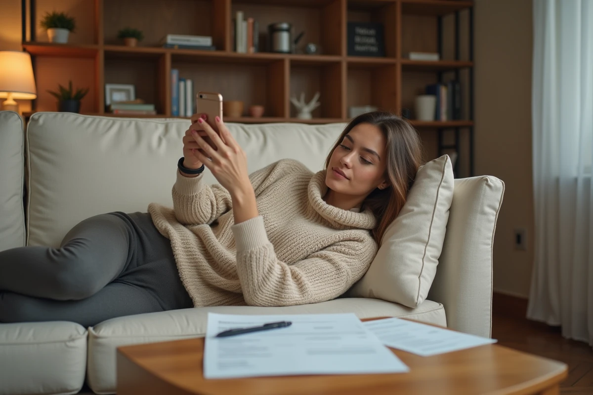 Femme allongée sur un canapé ignorant son CV pendant une recherche d'emploi