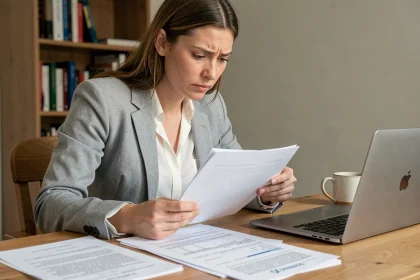 Femme consultant des documents administratifs pour son inscription à Pôle emploi après une démission