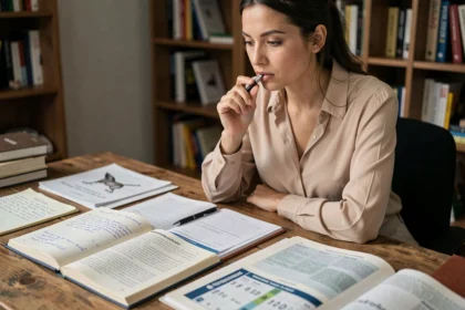 Jeune femme étudiant pour l'examen ACACED avec des fiches de révision et un comparatif de prix de formations sur son bureau