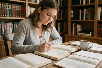 Femme étudiant la conjugaison du passé simple du verbe manger dans un livre de grammaire française