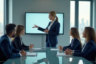 Femme leader en blazer marine animant une réunion d'équipe dans une salle de conférence moderne avec vue sur la ville