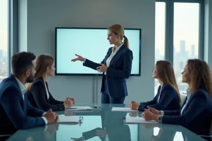 Femme leader en blazer marine animant une réunion d'équipe dans une salle de conférence moderne avec vue sur la ville