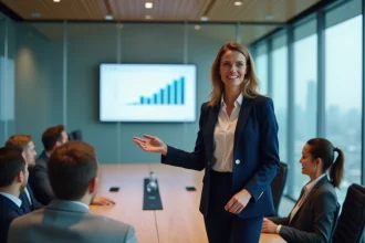 Femme professionnelle faisant une présentation en salle de réunion moderne devant un public attentif